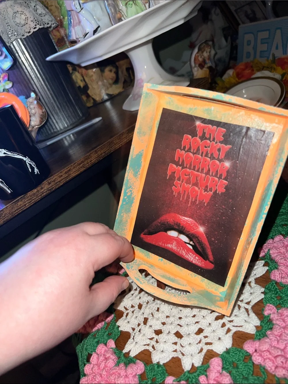 Rocky Horror Picture Show Themed Orange and Teal wooden trinket dish